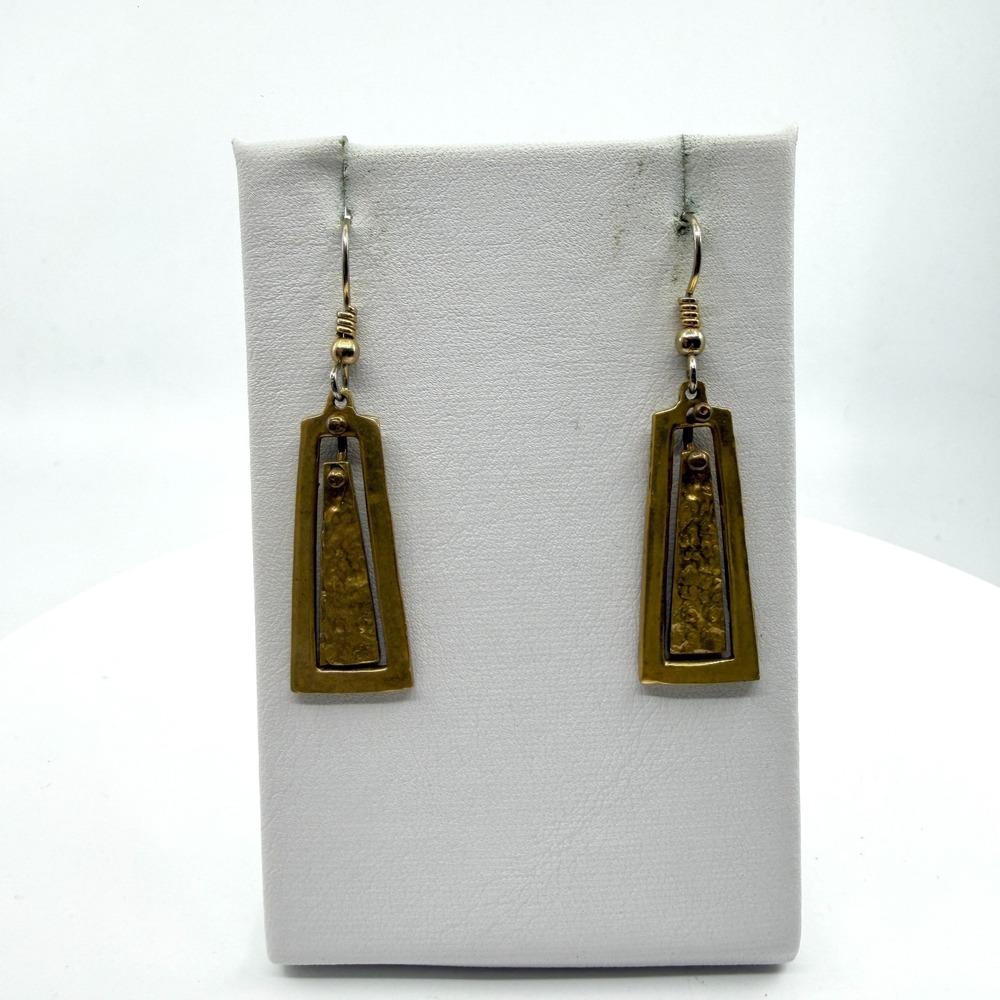 Hammered Brass Tone Geometric Trapezoid Dangle Earrings Artisan Boho Statement